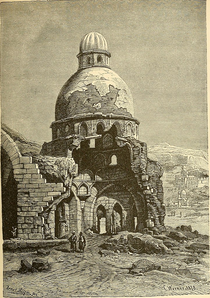 A scan of a woodcut illustration from J.S. White's The Boys' and Girls' Herodotus. The illustration is of the Mameluke tomb in Cairo. It shows a ruined building of classical or Islamic architecture, the dome still more or less complete but with the wall facing the viewer gone. Two small figures walk together in front of the building.